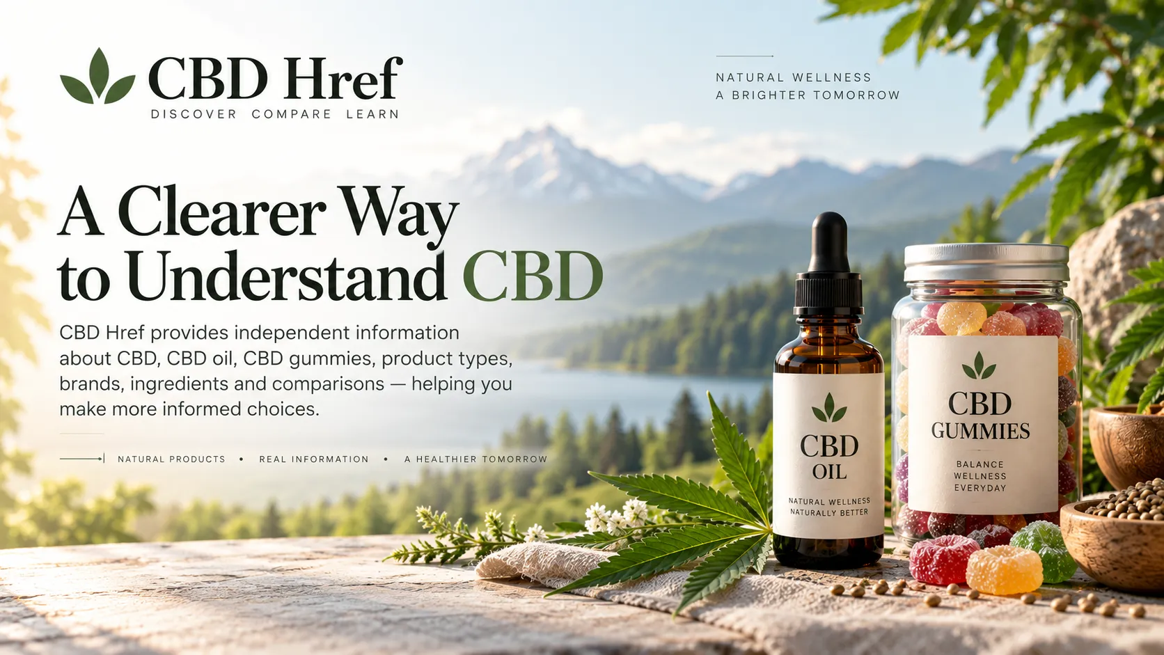 Illustrative CBD oil bottle and jar of gummies beside a mountain lake